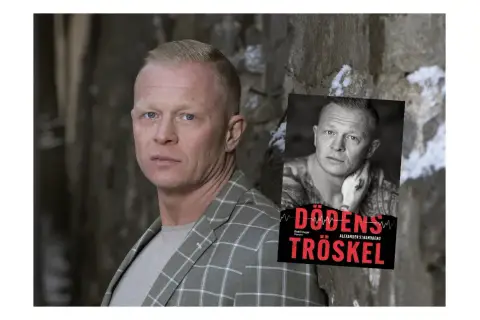 Alexander Strandberg, författare till "Dödens tröskel", poserar framför en stenvägg.