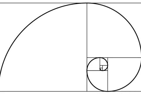 En illustration av gyllene snittet tavlor, med en spiral som växer i storlek.