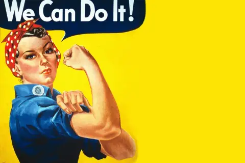Rosie the Riveter, en ikonisk symbol för kvinnlig styrka, visar upp sin muskel med texten "We Can Do It!" på en gul bakgrund.