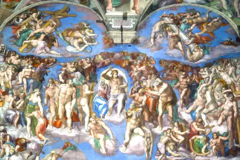 Michelangelo konstverk: Den yttersta domen, en dramatisk himmelsk scen med otaliga figurer som stiger upp och faller.