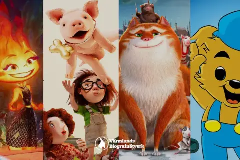 En collage av nya filmer med en eld-ande, en flicka med en gris, en stor katt och Bamse.