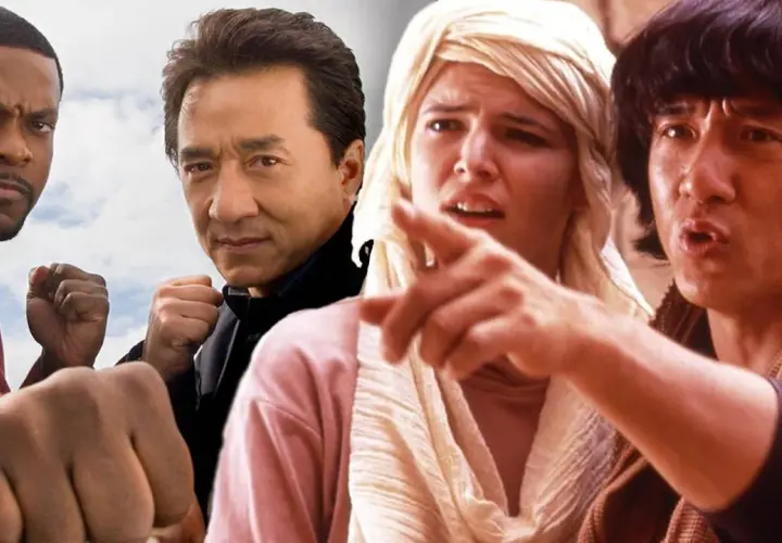 Jackie Chan och Chris Tucker i actionfyllda filmer med Jackie Chan. En kvinna pekar.