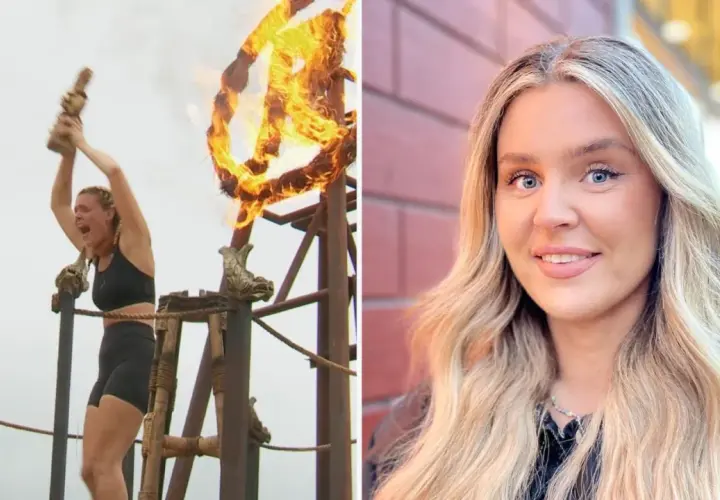 Kvinna jublar med fackla i Robinson final. Bredvid, en kvinna med blont hår och blå ögon.