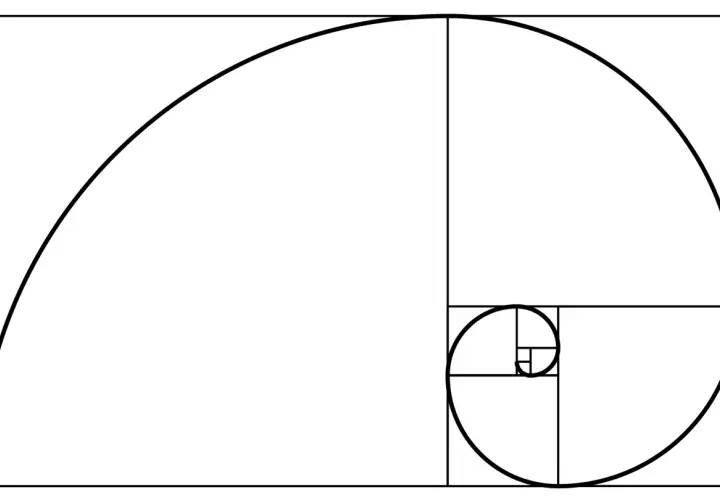 En illustration av gyllene snittet tavlor, med en spiral som växer i storlek.