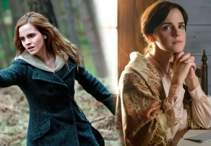 Emma Watson i två olika roller. Till vänster i en mörk rock i skogen, till höger i en ljusblå blus med sjal.