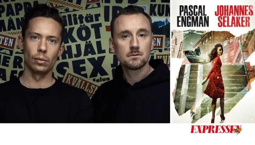 Pascal Engman och Johannes Selaker presenterar "Skymningsland del 2". En kvinna i röd klänning på en snöig trappa.