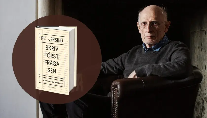PC Jersilds bok "Skriv först. Fråga sen." visas bredvid författaren. En manual för nybörjare, som ett babels hus av ord.