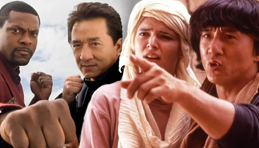 Jackie Chan och Chris Tucker i actionfyllda filmer med Jackie Chan. En kvinna pekar.