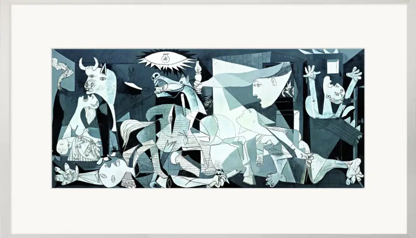 Ett kraftfullt pablo picasso konstverk som skildrar lidande och kaos med tjurar, hästar och människor i en mörk, monokrom scen.
