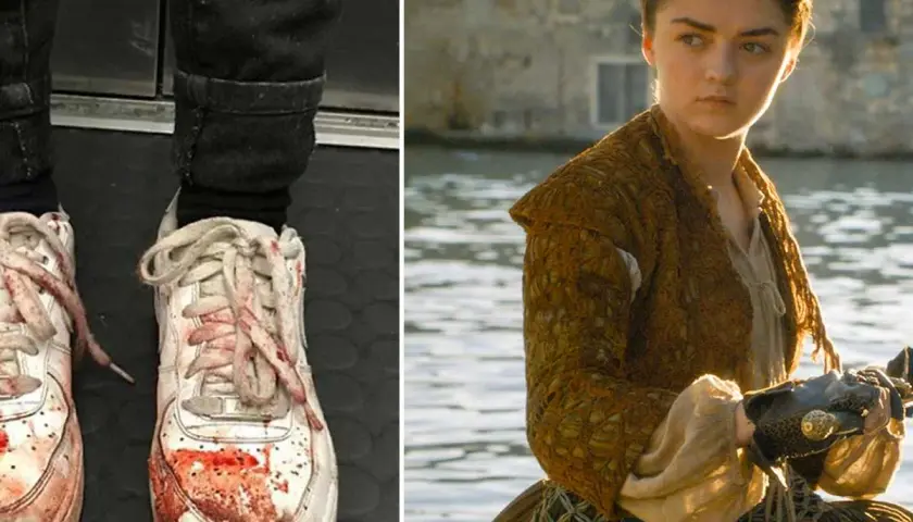En bild visar blodiga sneakers, den andra en ung kvinna som vem spelade Arya Stark i Game of Thrones.