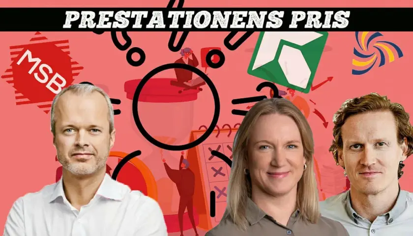 Affisch med tre porträtt och grafiska element. Texten "PRESTATIONENS PRIS" syns högst upp.