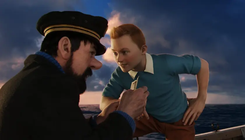 Kapten Haddock och Tintin 2 diskuterar ett viktigt fynd ombord på en båt.