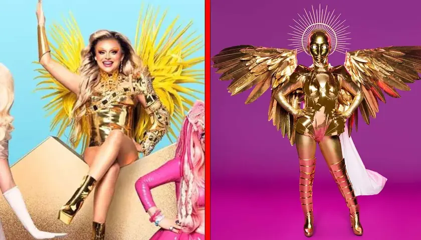 Två gyllene, glittrande dräkter. En dragartist med stora gula fjädrar och en mystisk figur med vingar, som från Masked Singer.