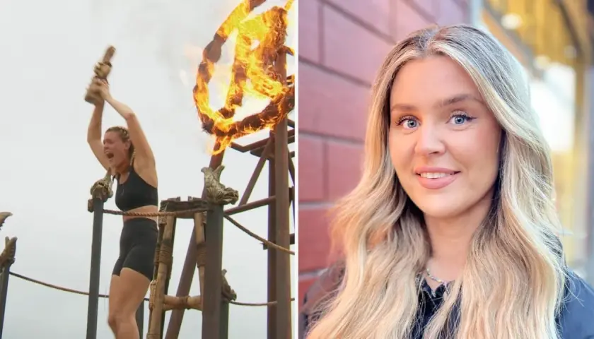 Kvinna jublar med fackla i Robinson final. Bredvid, en kvinna med blont hår och blå ögon.