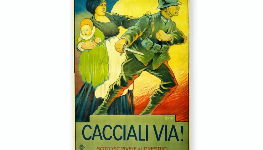 WW2 propaganda poster: soldat skyddar kvinna och barn, uppmaning att "Jaga bort dem!".