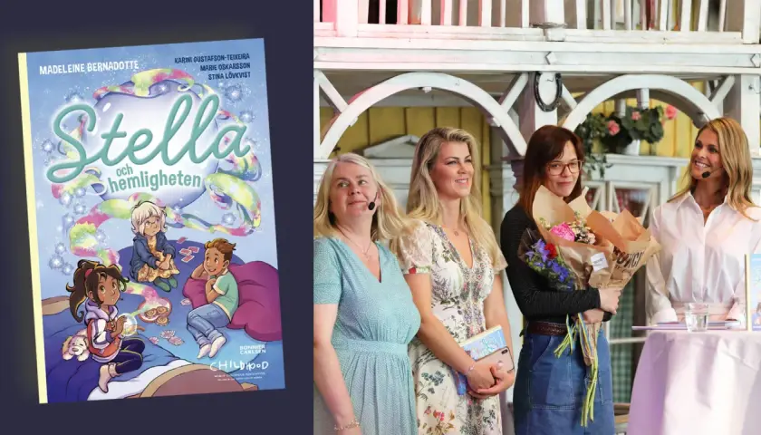 Boken "Stella och hemligheten" visas bredvid tre kvinnor, varav en håller blommor. En berättelse om begravda hemligheter.
