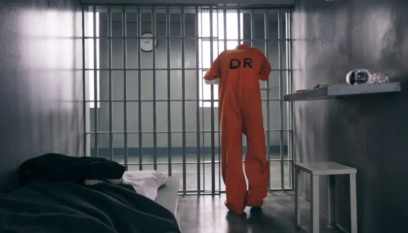 En orange fån-dräkt med texten "DR" hänger i cell 8. Sängen är bäddad, en klocka syns på väggen.