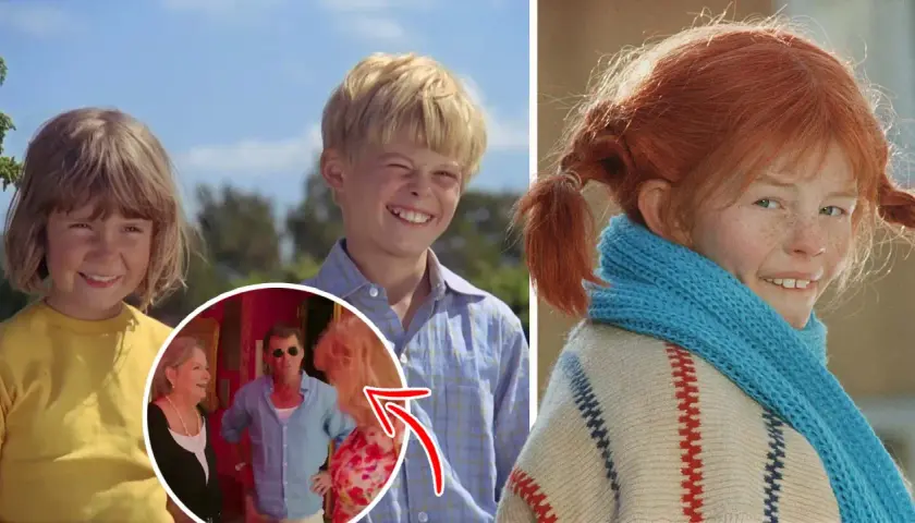 Annika och Tommy ler, medan Pippi Långstrump med sina flätor och blå halsduk tittar fram.