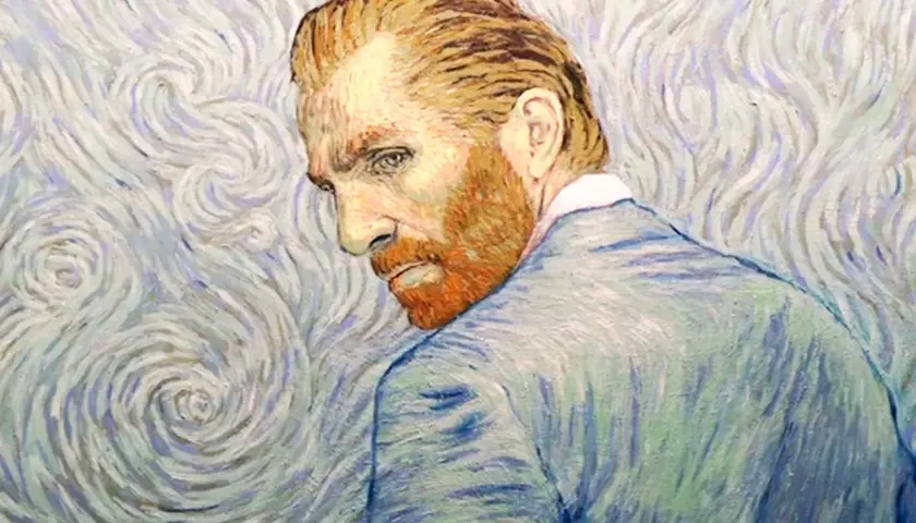 En målning av van Gogh som visar konstnären med sitt karaktäristiska röda skägg, vänd bort från betraktaren, mot en virvlande, stjärnklar bakgrund.