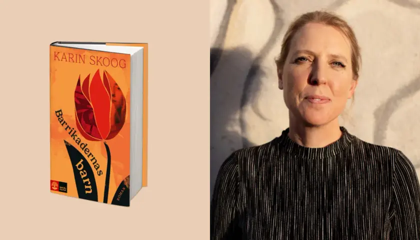 Karin Skoog, författaren till "Barrikadernas barn", porträtterad bredvid sin bok.