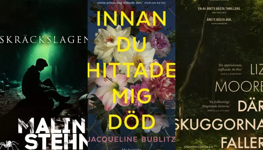 Tre omslag till nya deckare: en med en skräckinjagande scen, en med blommor och en med en skog.