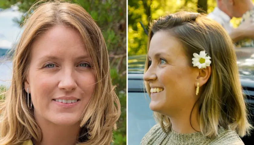 Två porträtt av Lina Tomikas. I det vänstra ser hon rakt in i kameran med ett leende. I det högra, med en blomma i håret, ler hon åt sidan.