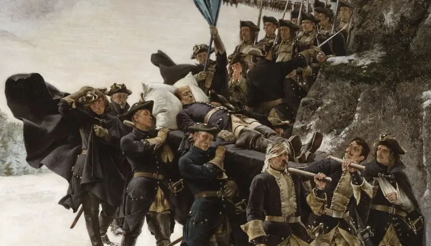 Gustaf Cederström skildrar soldater som bär en död kamrat över snöig terräng. En dramatisk scen av plikt och sorg.