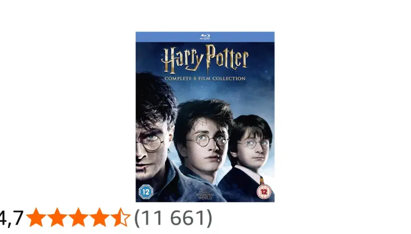 Blu-ray-samling med alla åtta harry potter-filmer, med Harry, Ron och Hermione.