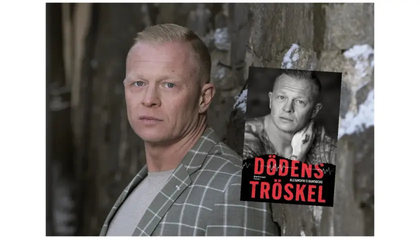 Alexander Strandberg, författare till "Dödens tröskel", poserar framför en stenvägg.