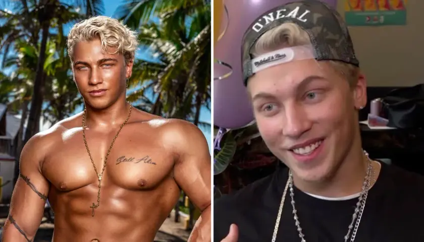 Toby Paradise Hotel-deltagare med solbränd hud och blont hår, bärande smycken. Till höger, med keps och leende.
