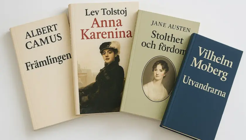Fyra böcker: "Främlingen" av Camus, "Anna Karenina" av Tolstoj, "Stolthet och fördom" av Austen och "Utvandrarna" av Moberg. Dessa klassiker visar vad som kan menas med en novell, en kort berättelse.