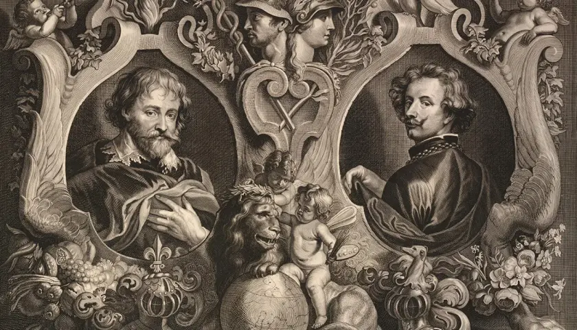 Gravyr med två porträtt, inspirerad av Peter Paul Rubens. En putto med pensel och palett sitter på en lejon och jordglob.