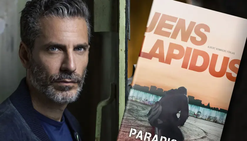 Jens Lapidus bokomslag "Paradis City" med en man med grått skägg och blå ögon.