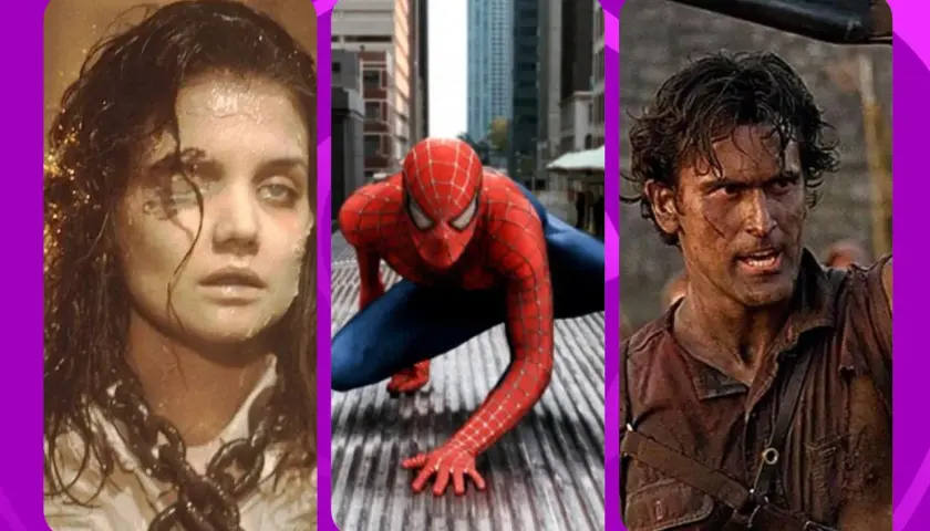 Triptyk med scener från filmer med Sam Raimi: en kvinna med kedjor, Spindelmannen i en stad och en smutsig man med gevär.