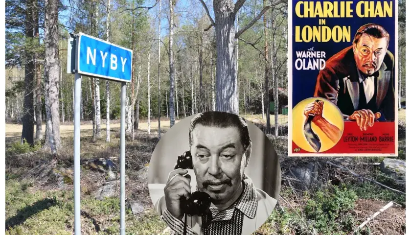 En bild med en skylt "NYBY", en filmplansch för "Charlie Chan in London" med Warner Oland, och en närbild av Warner Oland i samtal.