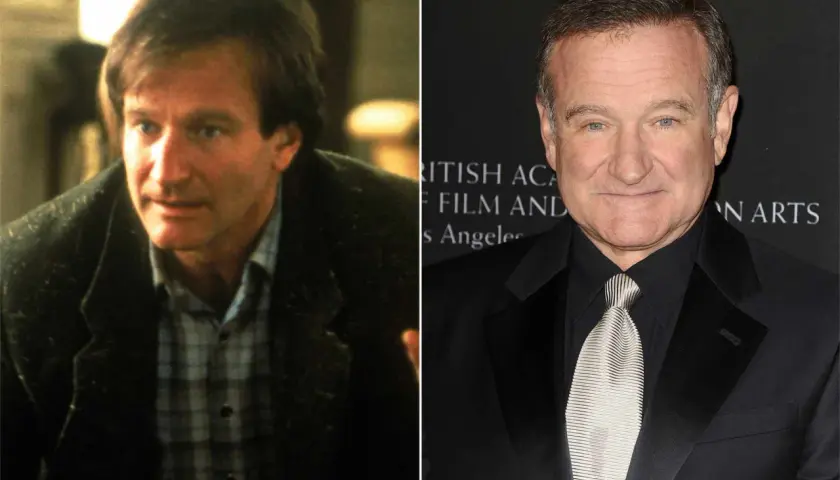 Robin Williams som Alan Parrish i Jumanji. Till vänster i filmkostym, till höger i svart kostym med mönstrad slips.