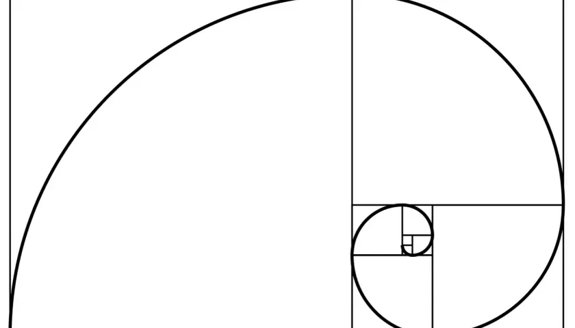 En illustration av gyllene snittet tavlor, med en spiral som växer i storlek.