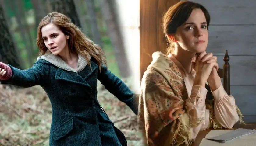 Emma Watson i två olika roller. Till vänster i en mörk rock i skogen, till höger i en ljusblå blus med sjal.