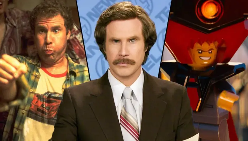 Will Ferrell i tre olika roller: en avslappnad man, nyhetsankaret Ron Burgundy och en Lego-figur.