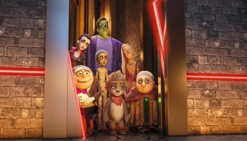 En grupp monster, inklusive Frankenstein, vampyr och mumie, tittar fram bakom en dörr. Perfekt för ett halloweenfilm barn.