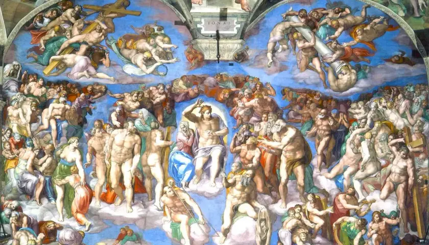 Michelangelo konstverk: Den yttersta domen, en dramatisk himmelsk scen med otaliga figurer som stiger upp och faller.