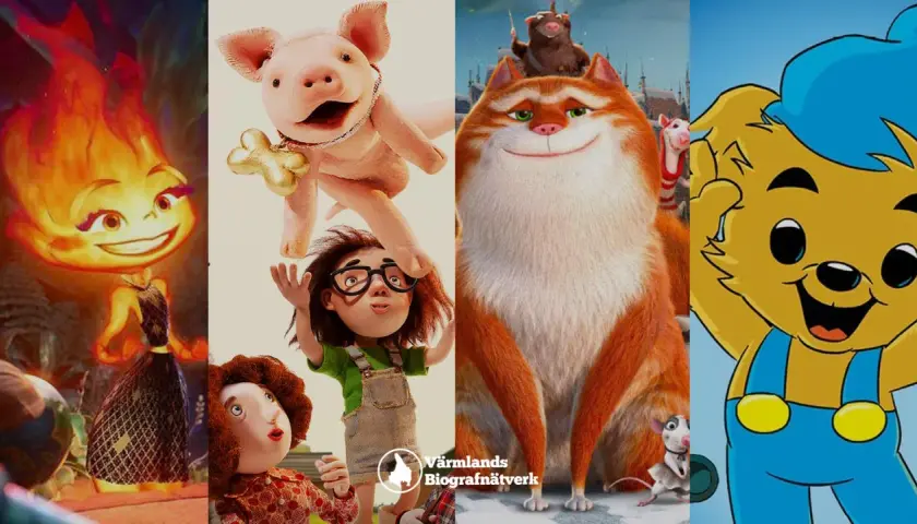 En collage av nya filmer med en eld-ande, en flicka med en gris, en stor katt och Bamse.