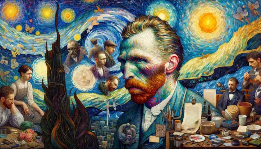 En färgsprakande hyllning till Vincent van Gogh, med hans ikoniska ansikte i förgrunden mot en virvlande stjärnhimmel. Målningen visar scener från hans liv och konst.