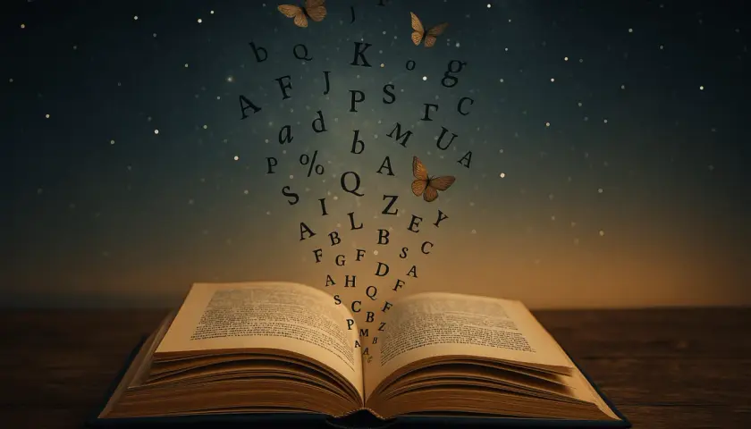 An open book with letters and butterflies floating out into a starry night sky.