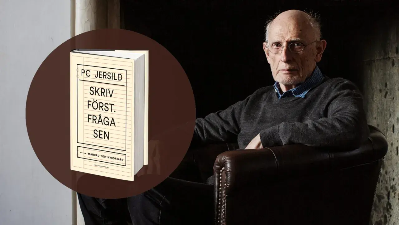 PC Jersilds bok "Skriv först. Fråga sen." visas bredvid författaren. En manual för nybörjare, som ett babels hus av ord.