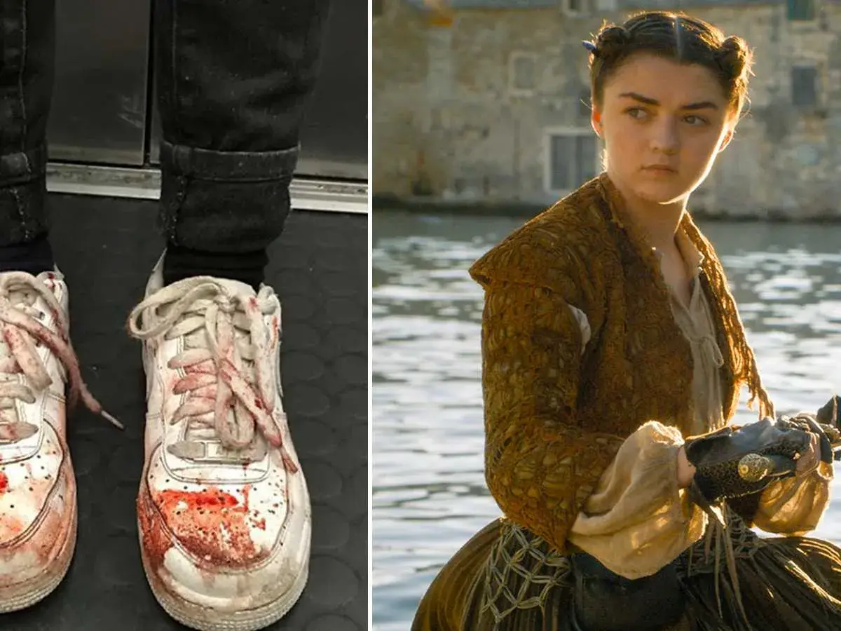 En bild visar blodiga sneakers, den andra en ung kvinna som vem spelade Arya Stark i Game of Thrones.