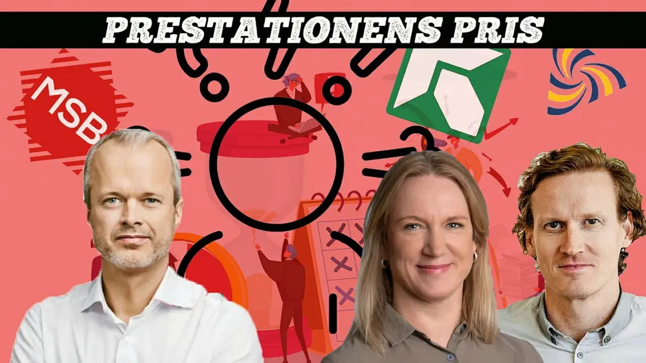Affisch med tre porträtt och grafiska element. Texten "PRESTATIONENS PRIS" syns högst upp.