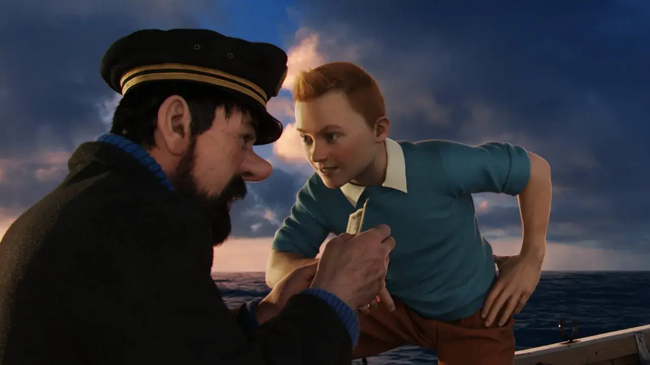 Kapten Haddock och Tintin 2 diskuterar ett viktigt fynd ombord på en båt.