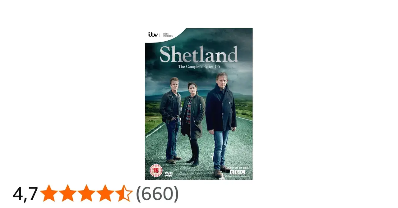 Omslaget till Shetland serie, komplett med tre poliser på en väg.