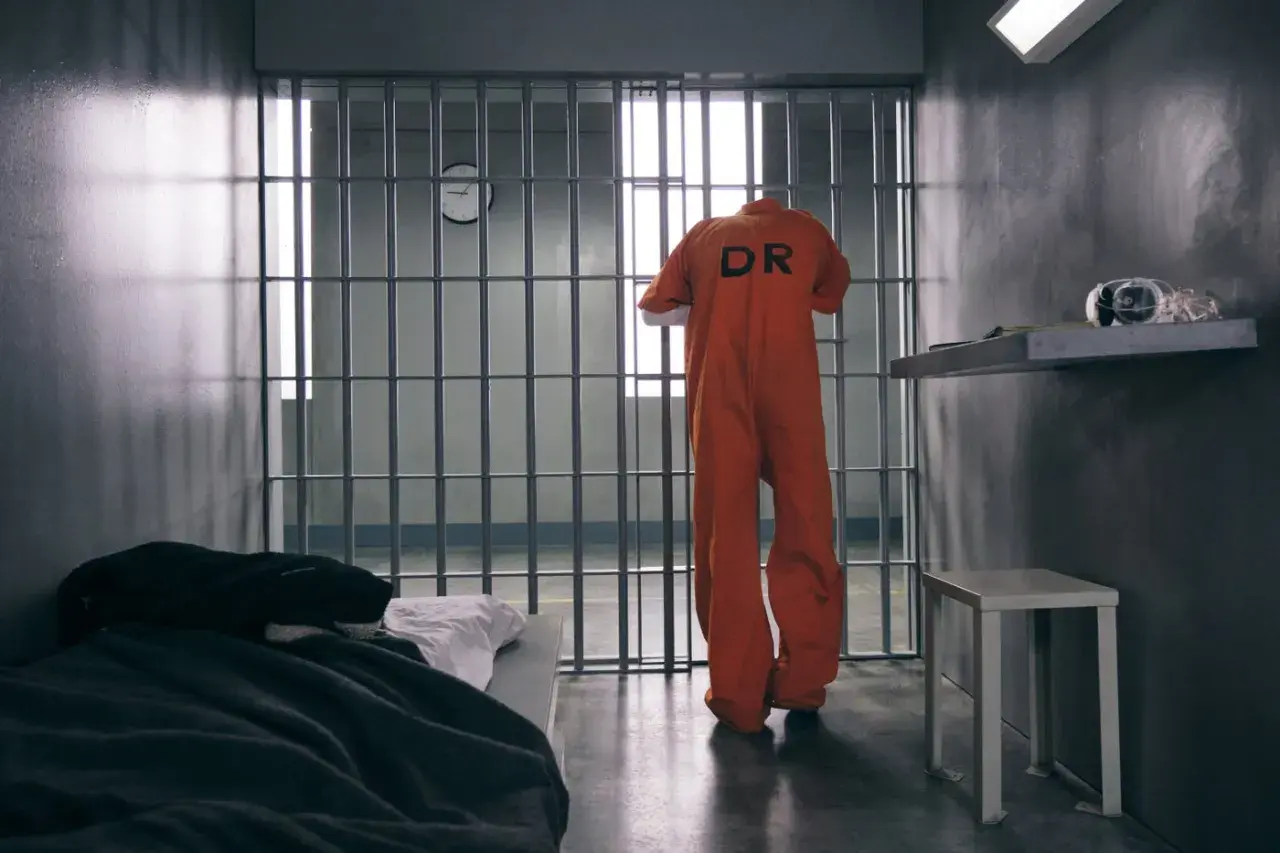 En orange fån-dräkt med texten "DR" hänger i cell 8. Sängen är bäddad, en klocka syns på väggen.